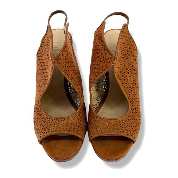 Tory Burch Elanor Laser Cut Peep Toe Stiletto Heels Sandals Size 9.5 - Picture 5 of 12